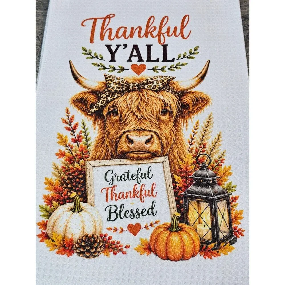 Highland Cow Thanksgiving Kitchen Towel Thankful Y'all Fall Farmhouse Decor